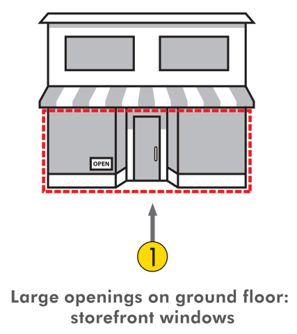drawing of building with store front at the bottom
