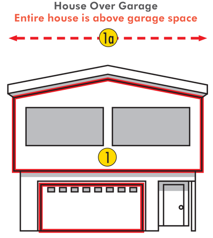 drawing of home with entire house above a garage
